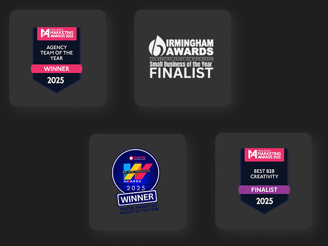 Brew's 2025 industry awards: Agency Team of the Year, Digital Marketing Agency of the Year, and finalist for Small Business of the Year and Best B2B Creativity.