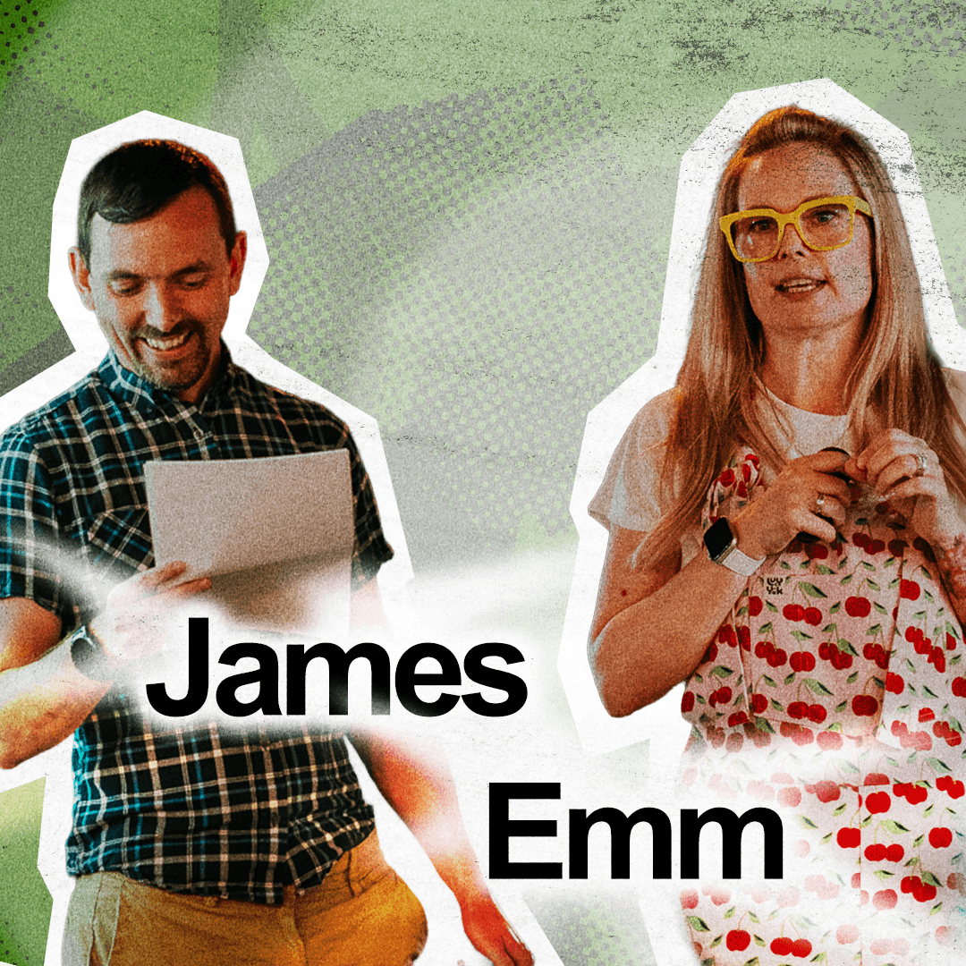 James, lead project manager, on the left, and Emm, social media strategist, on the right. 