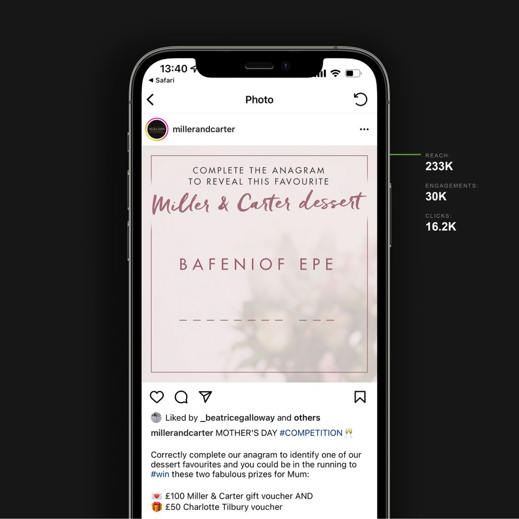 A photo of a smartphone. The smartphone screen displays a social media post from Miller and Carter.