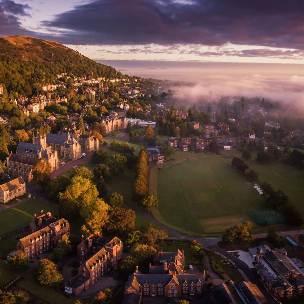 Looking over Malvern College on an early, misty morning.