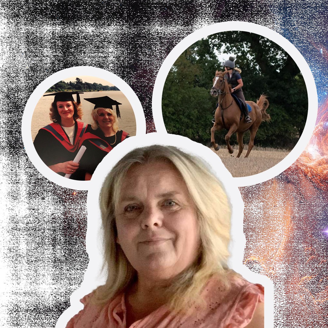 2 polaroid images showing a woman on a horse and a photo of Julie and a friend at graduation.