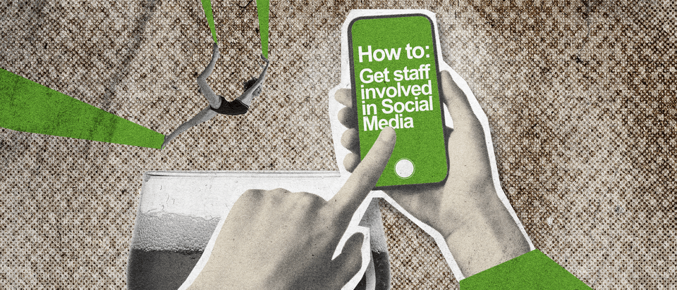 “How to get staff involved in social media” with a person tapping on a phone.