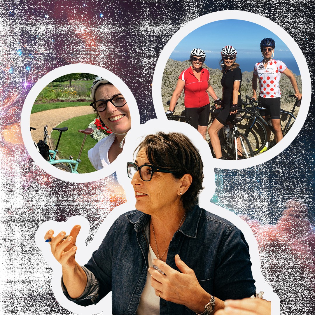 3 polaroid images showing Karen with her daughter and friends outside on bicycles.