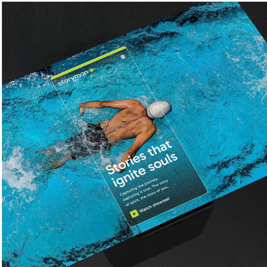 A phone hovers over a swimming, showing how it would appear on web while also showing the scene beyond its borders. 