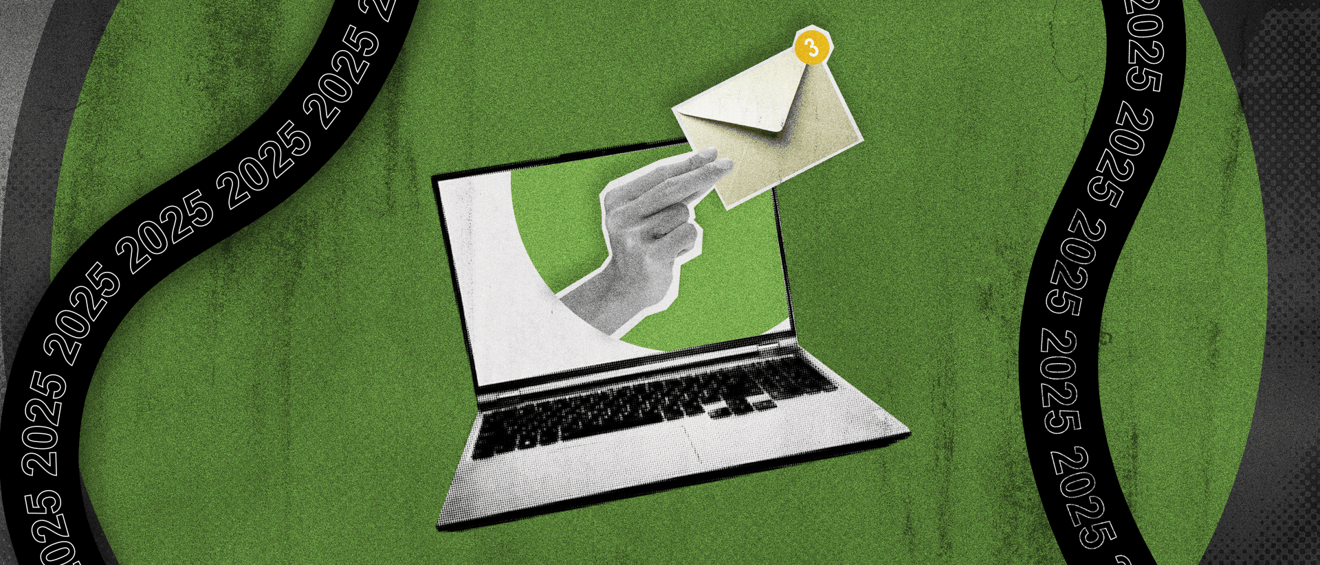 Image of a hand coming out the screen of a laptop holding an envelope with the number 3 in the corner to indicate unread messages.
