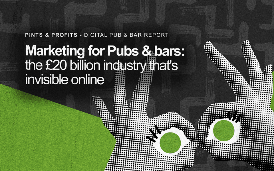 Two hands as binoculars behind "Marketing for Pubs & Bars: the £20 billion industry that's invisible online"