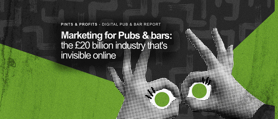 Two hands as binoculars behind "Marketing for Pubs & Bars: the £20 billion industry that's invisible online"