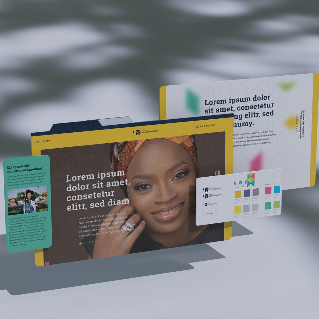 A graphic showing file folders from a traditional filing cabinet floating over a grey background. The front of the file folder show various prototype pages from the new University of Wolverhampton alum magazine website.