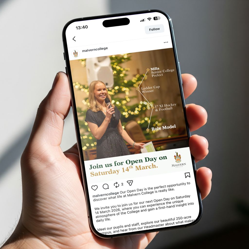 An example of a social post about a Malvern College Open Day on a phone screen.
