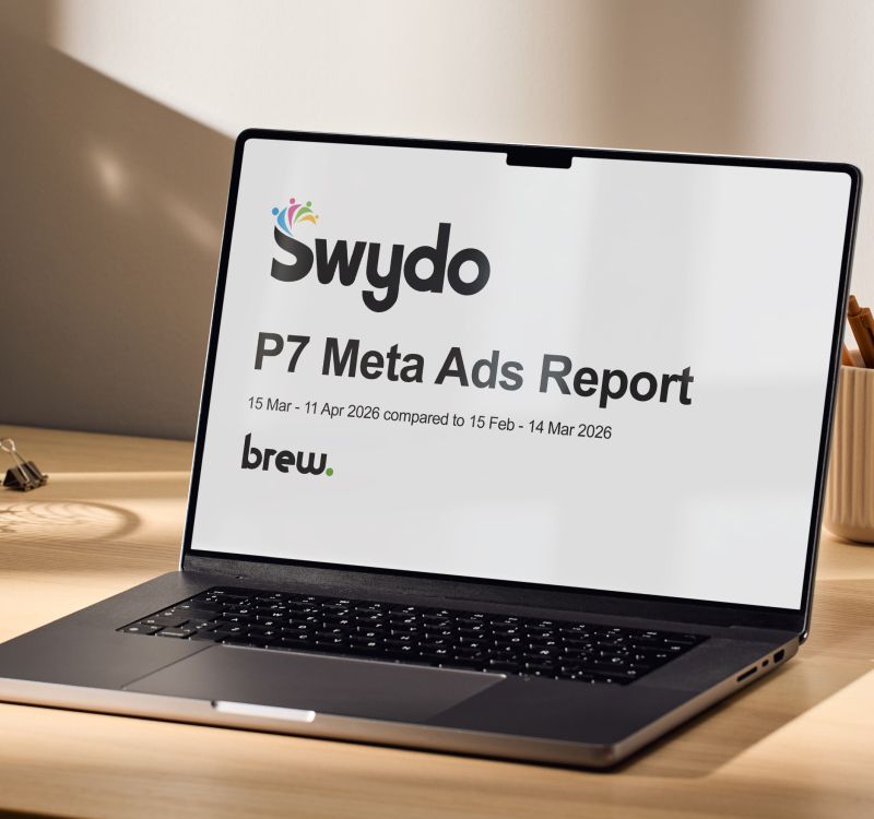 A laptop showing a Swydo Meta ads report.