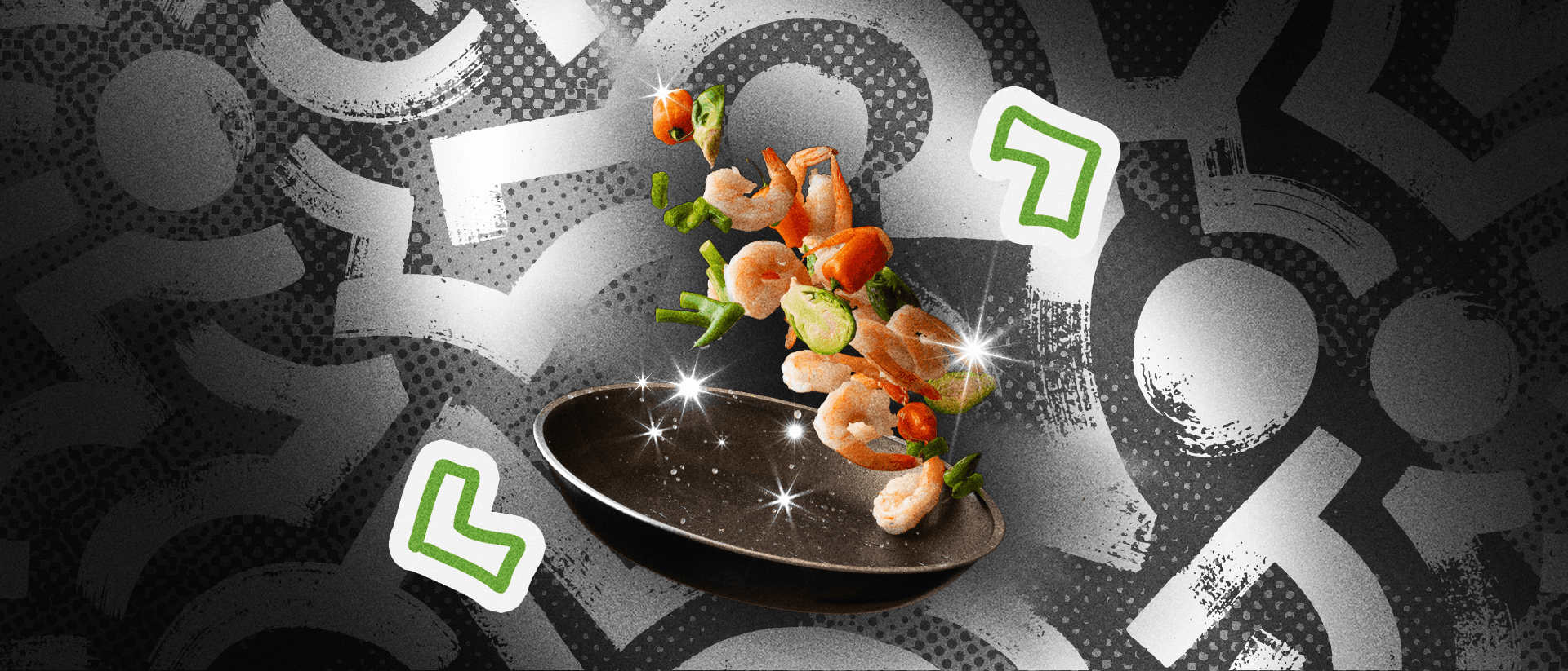 A colourful prawn stir-fry being tossed with code brackets around it.