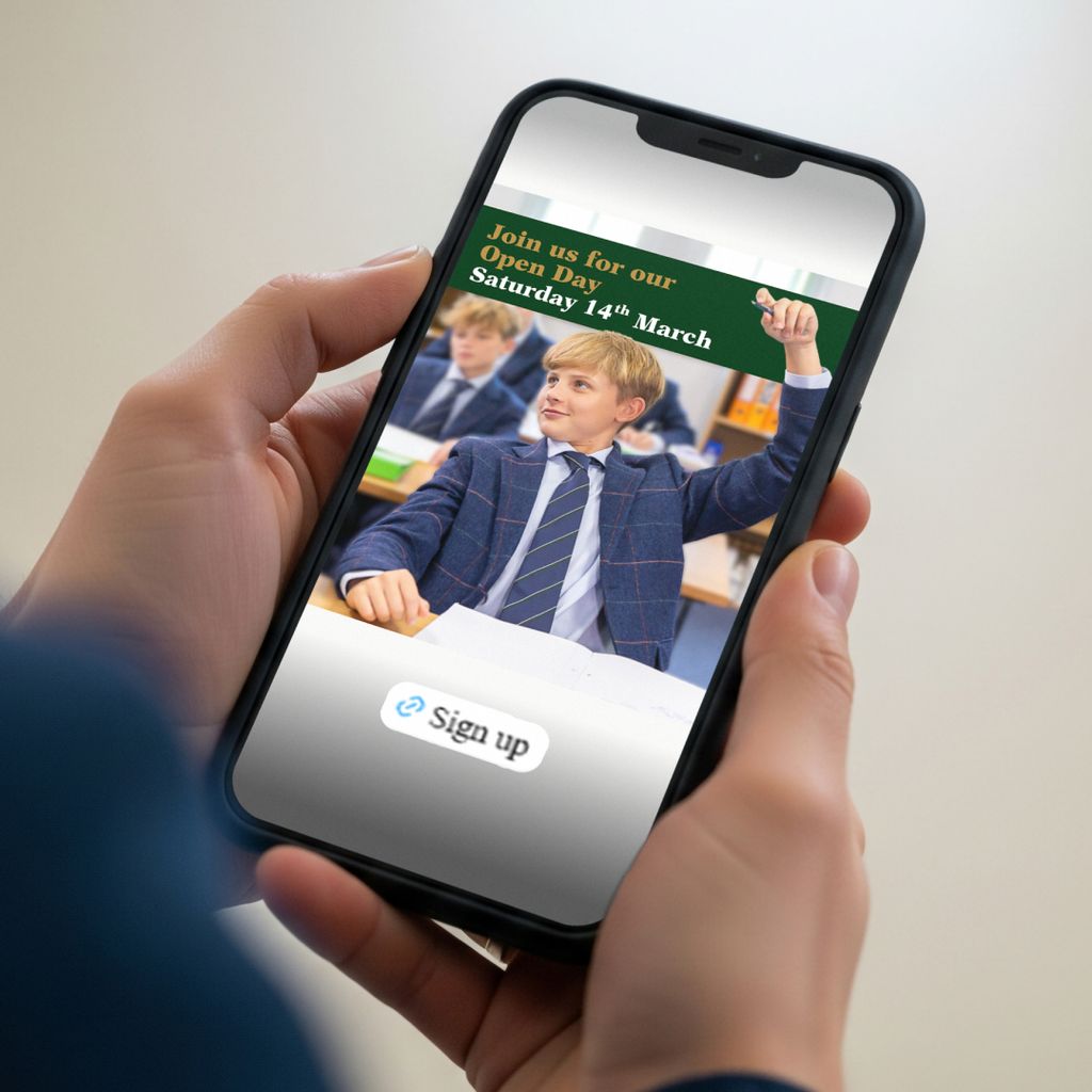 Looking at an ad for Malvern College’s Open Day on a phone.