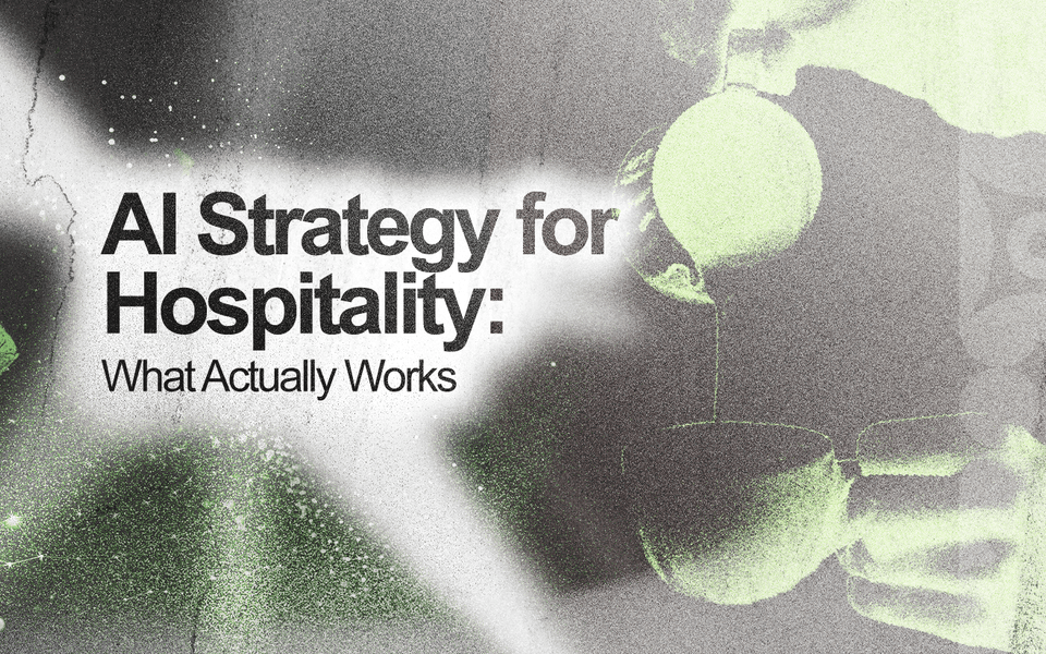 Drinks being poured in the background; in the foreground, “AI strategy for hospitality: What actually works?”