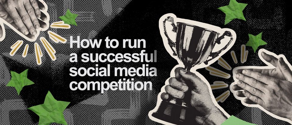 "How to run a successful social media competition" next to black-and-white clapping hands and a trophy.