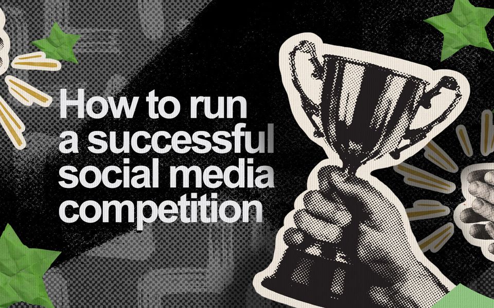 "How to run a successful social media competition" next to black-and-white clapping hands and a trophy.