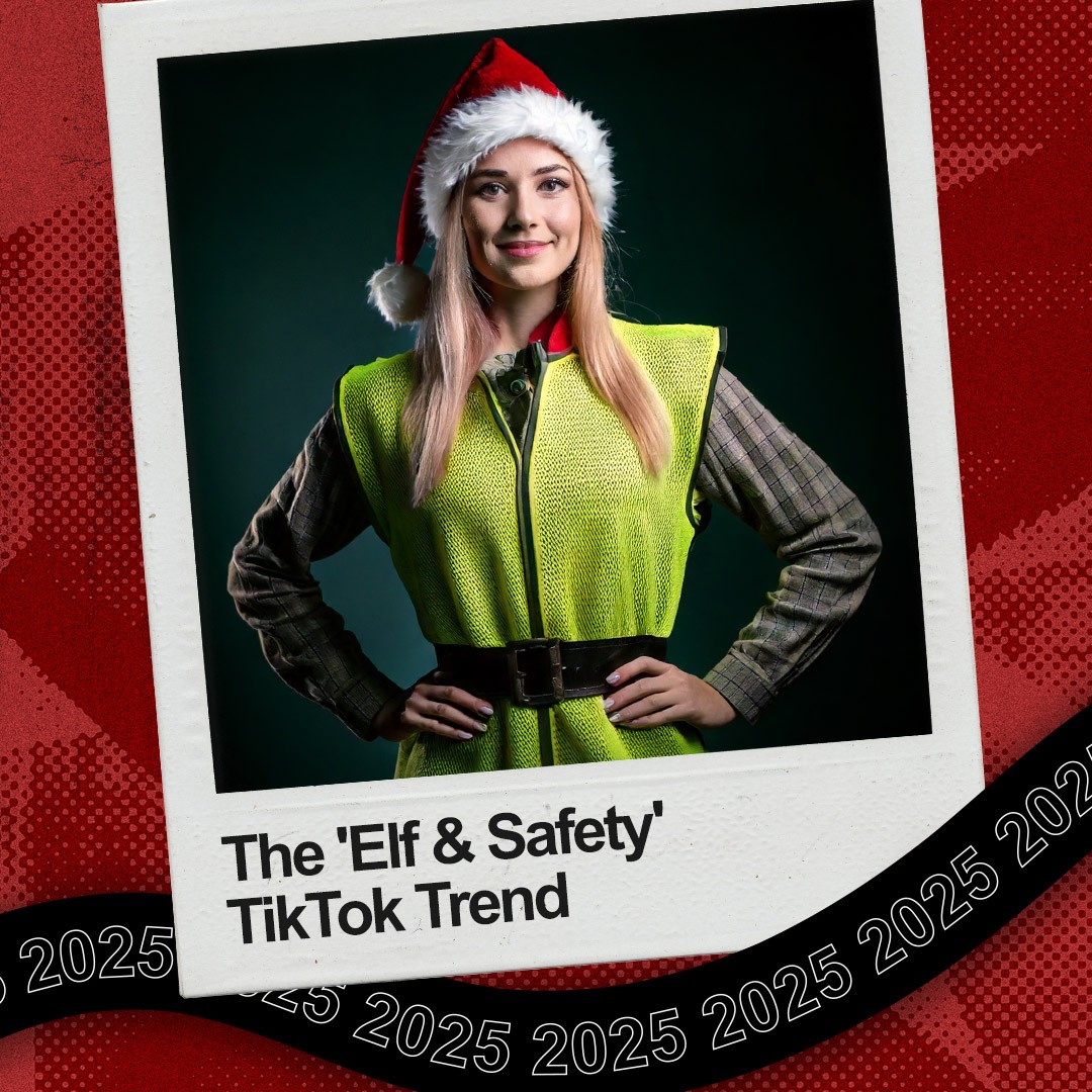 “The Elf &amp; Safety TikTok Trend” on a photograph of a woman dressed as an elf. 