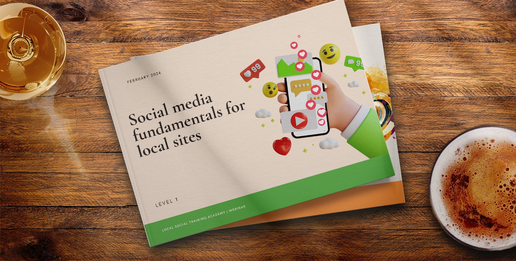 “Social media fundamentals for local sites” on a stylised training book. 