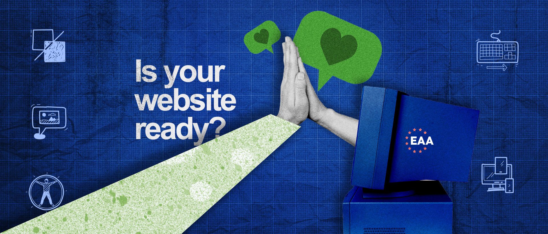 Two hands high fiving through a PC screen with the EEA logo printed on. 