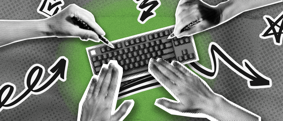 Multiple hands reaching towards or drawing on a keyboard.