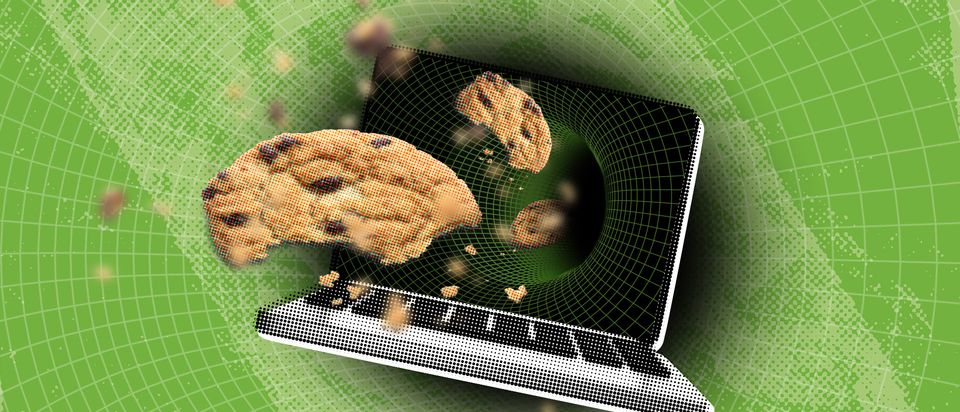 Cookies flying from a digital portal on a laptop’s screen.