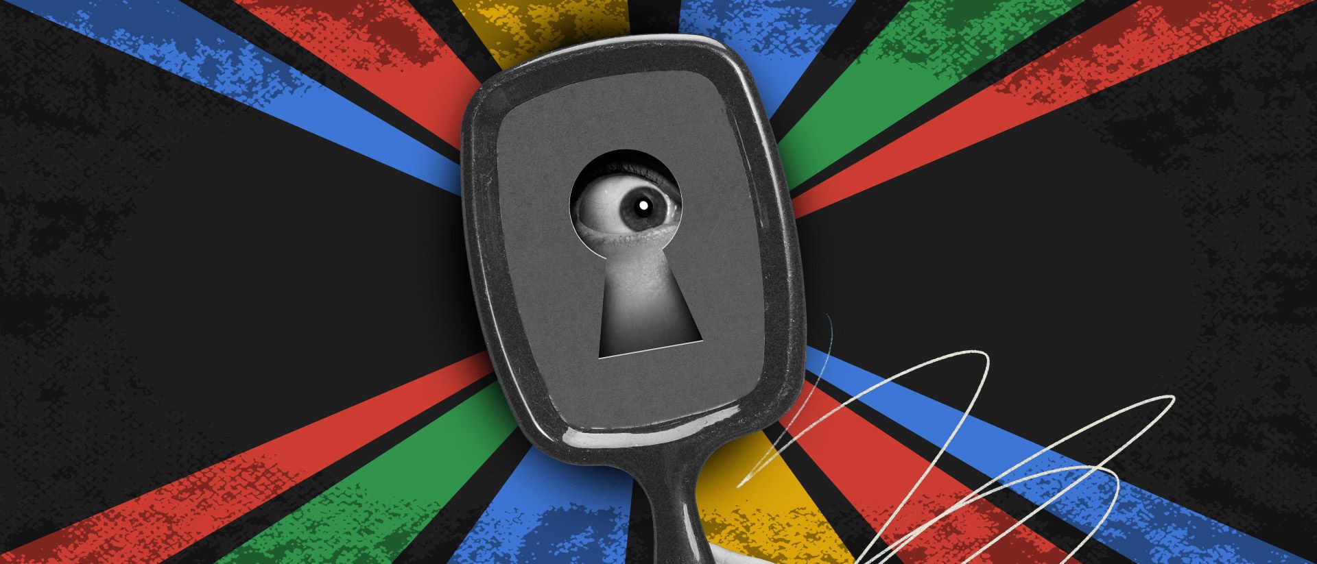 An eye looking through a keyhole, surrounded by Google colours. 