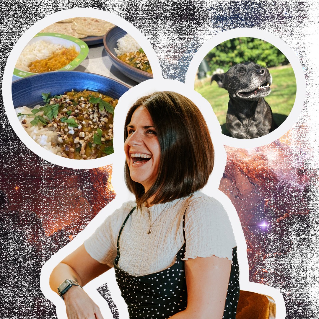 3 polaroid images showing a dog, Sophie and table laid with plates of food.