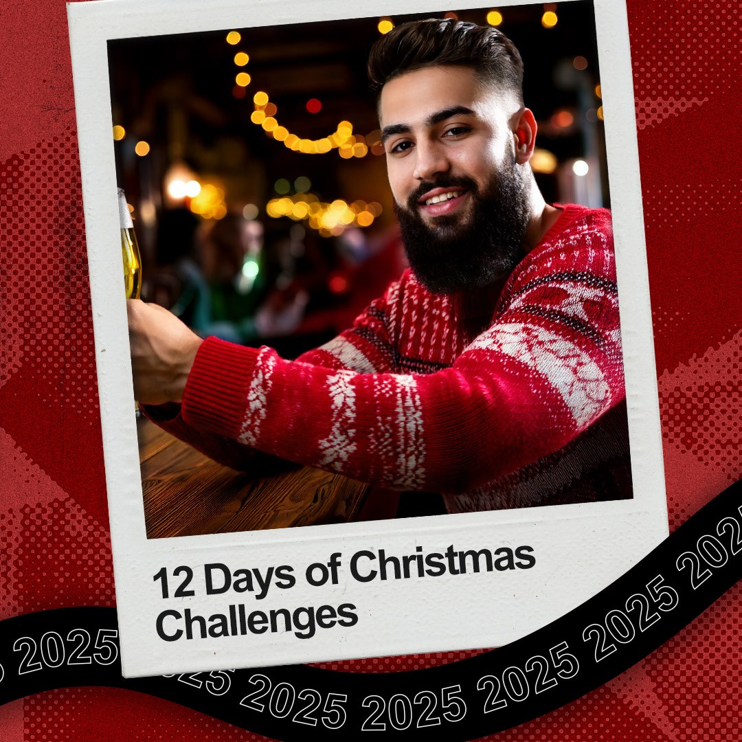 “12 days of Christmas Challenges” written on a photograph of a man in a Christmas jumper. 