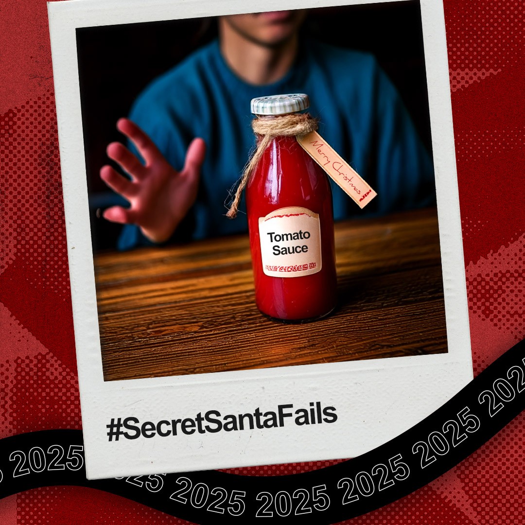 "#SecretSantaFails” over a photograph of someone gifting tomato sauce. 