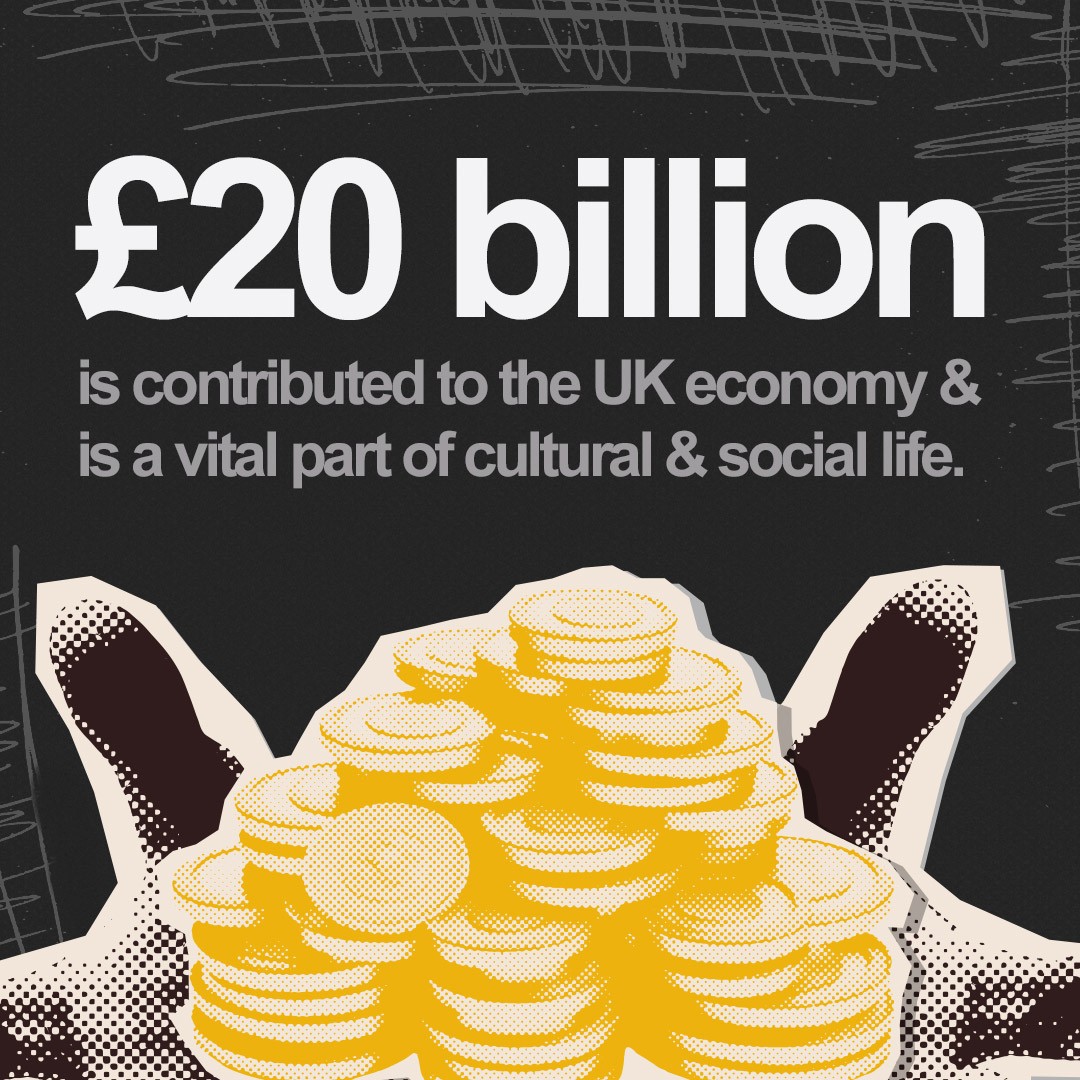 Above a pile of pound coins, the highlight is: £20 billion is contributed to the UK economy &amp; is a vital part of cultural and social life. 
