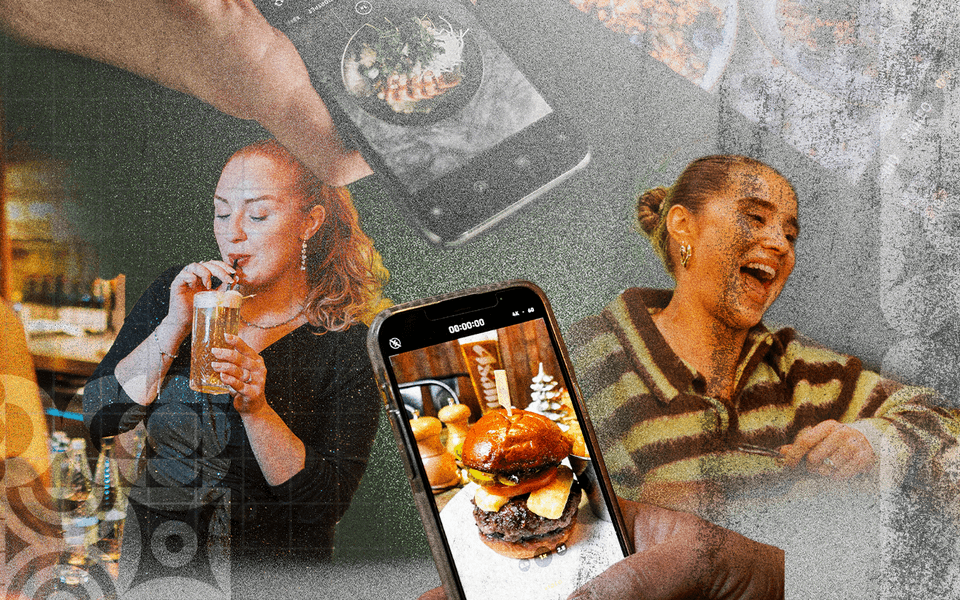 A montage of influencers taking pics at a pub.