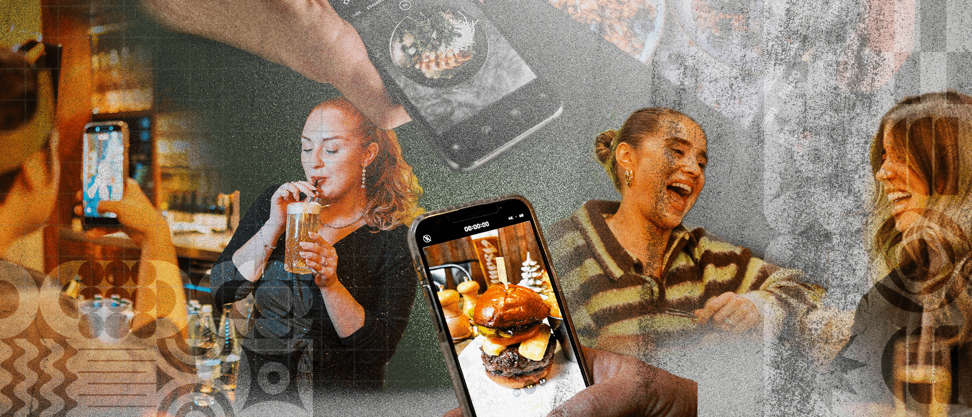 A montage of influencers taking pics at a pub.