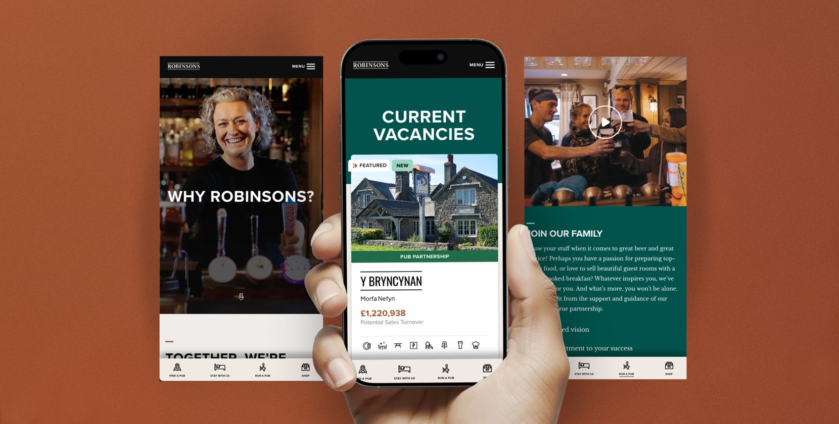 A hand holding a phone with the Current Vacancies page displaying. To either side, another section of the mobile website.