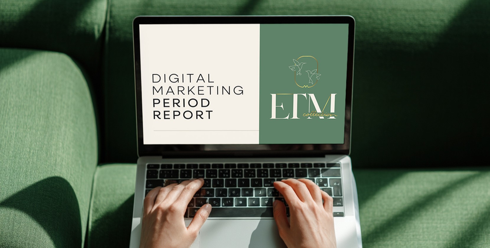 A laptop with "digital marketing period report" on the screen, representative of our strategy to track table bookings for ETM Group.