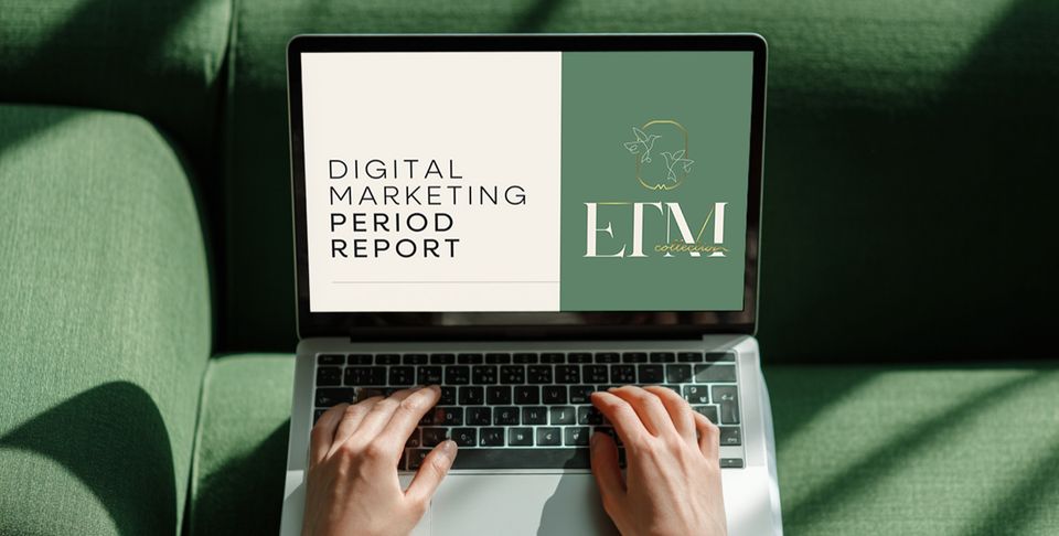A laptop with "digital marketing period report" on the screen, representative of our strategy to track table bookings for ETM Group.