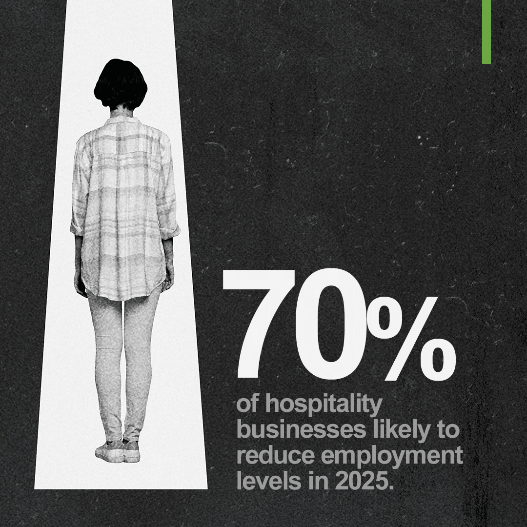 A woman standing in a spotlight. Next to her, “70% of hospitality businesses likely to reduce employment levels in 2025.” 
