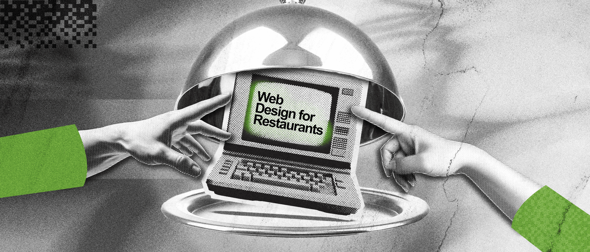 Web design for restaurants on a computer screen, being revealed from a silver platter. 
