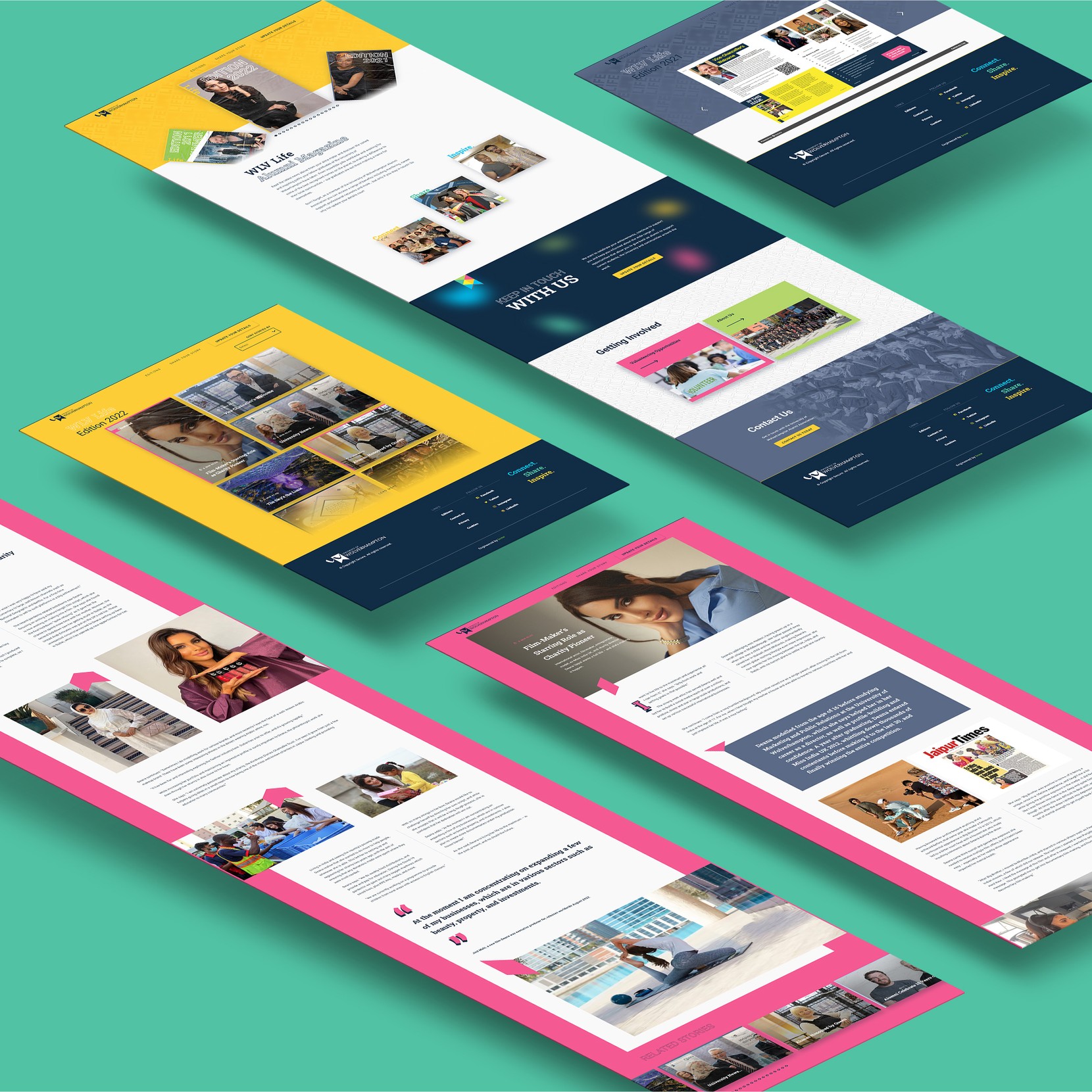 A graphic showing many screenshots of the new WLV Life magazine website, built by Brew Digital in Birmingham. Each screenshot shows a different page of the website. All the pages are offset at a 30-degree angle to the left.