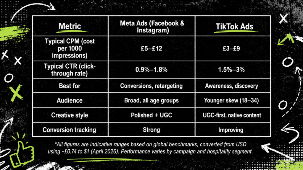 Comparison table of Meta Ads and TikTok Ads for hospitality social media campaigns. Meta Ads typical CPM is £5–£12, CTR is 0.9%–1.8%, best for conversions and retargeting, has a broad all-age audience, uses polished and UGC creative, and has strong conversion tracking. TikTok Ads typical CPM is £3–£9, CTR is 1.5%–3%, best for awareness and discovery, skews younger at 18–34, uses UGC-first native content, and has improving conversion tracking. Figures are indicative global benchmarks converted from USD at around £0.74 to $1 in April 2026.