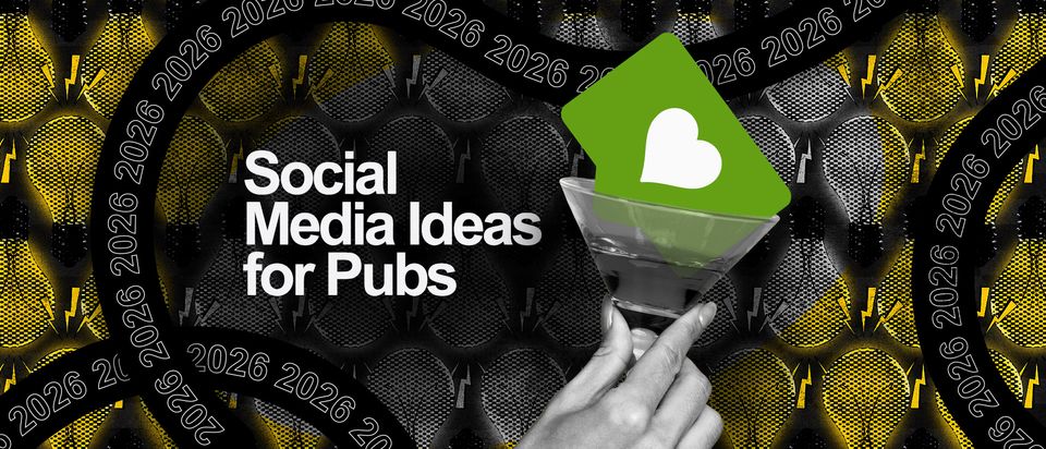 “Social media ideas for pubs”; next to it, a heart icon sitting inside a martini glass.