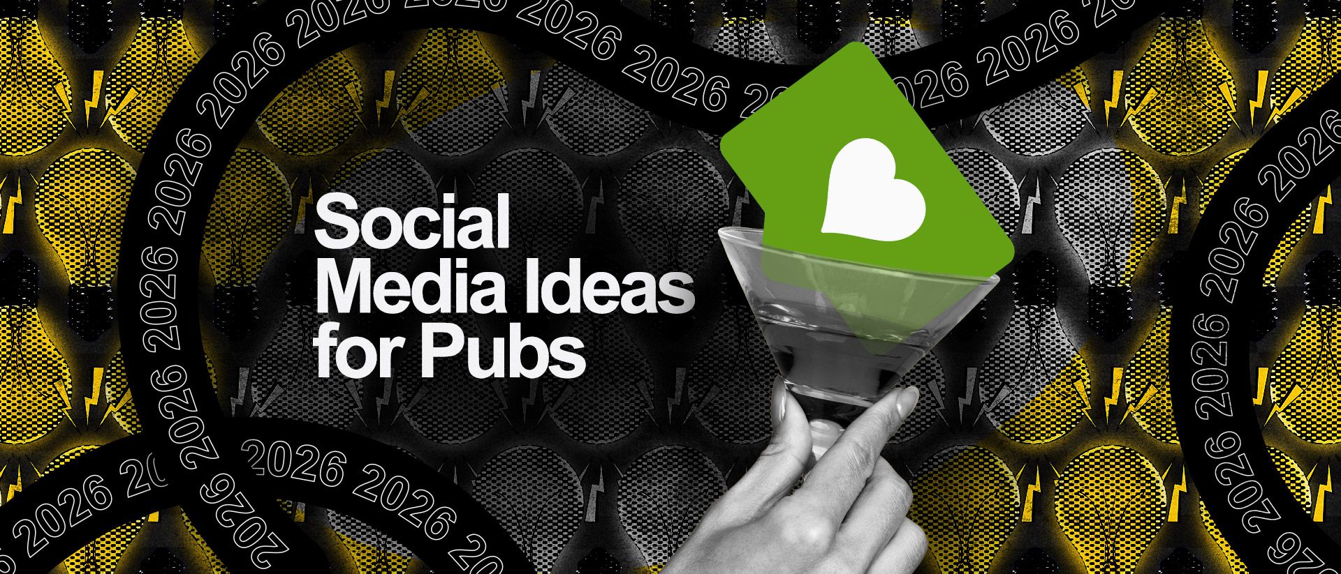 “Social media ideas for pubs”; next to it, a heart icon sitting inside a martini glass.