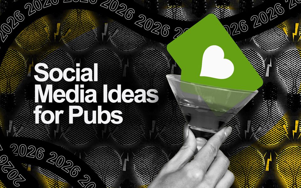 “Social media ideas for pubs”; next to it, a heart icon sitting inside a martini glass.