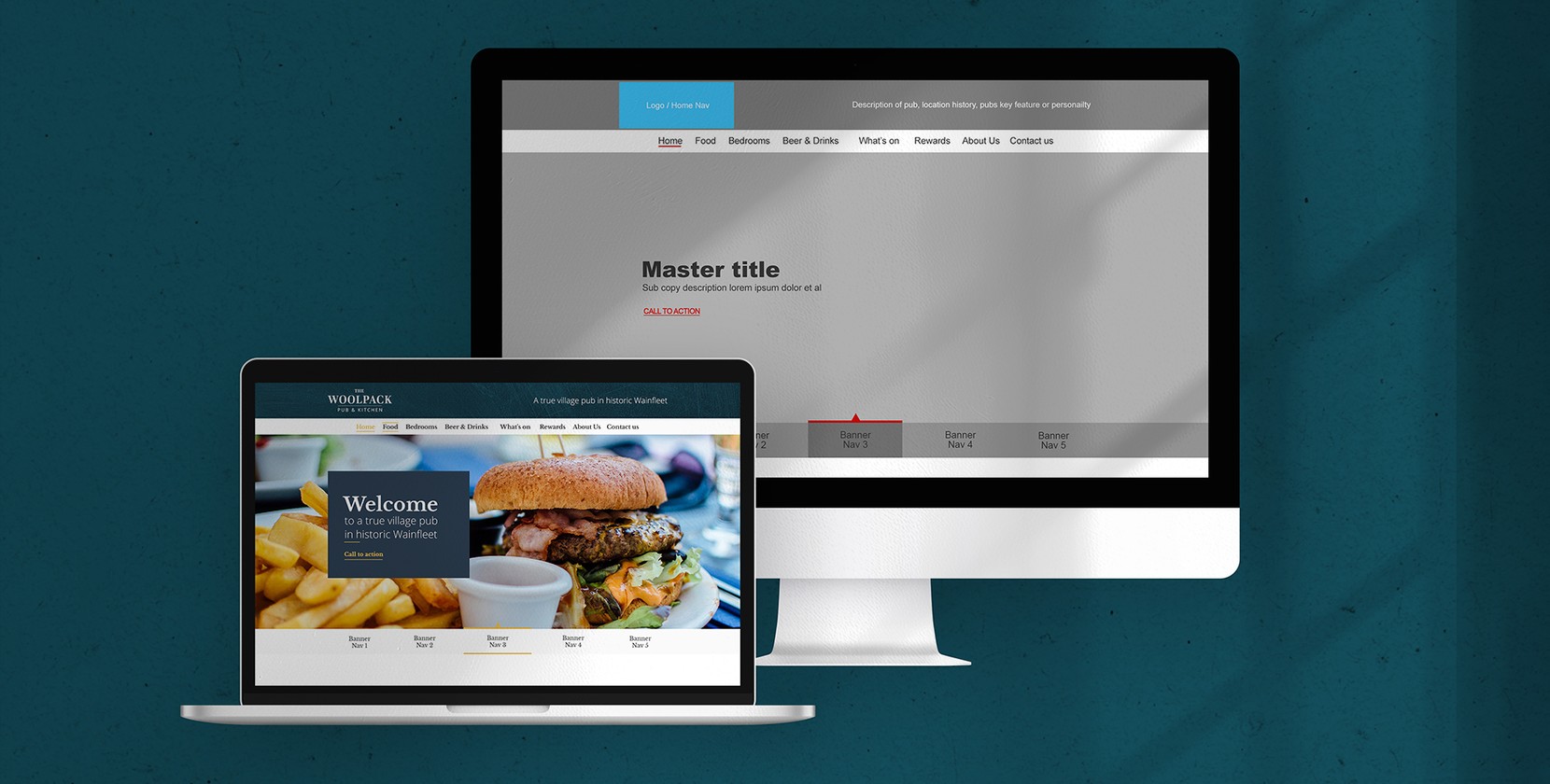 A laptop shows the homepage of a local pub, while the monitor behind it reveals the back-end of the Brew.web platform. 