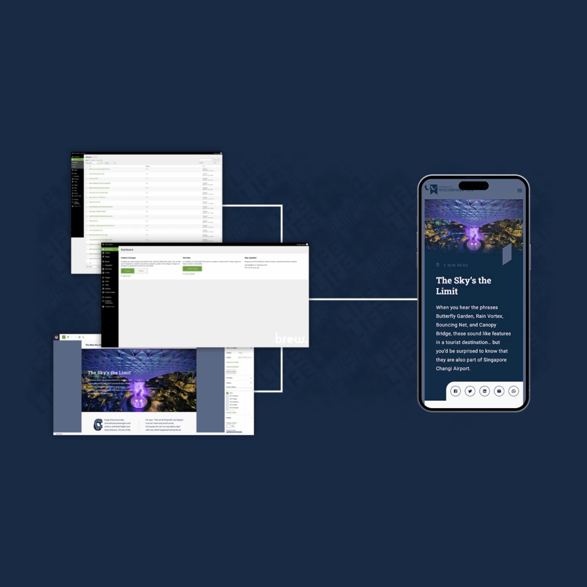 An animated GIF showing pages of a website being transmitted down an electric line towards a smartphone. The smartphone screen displays a page from the new University of Wolverhampton alum magazine website.