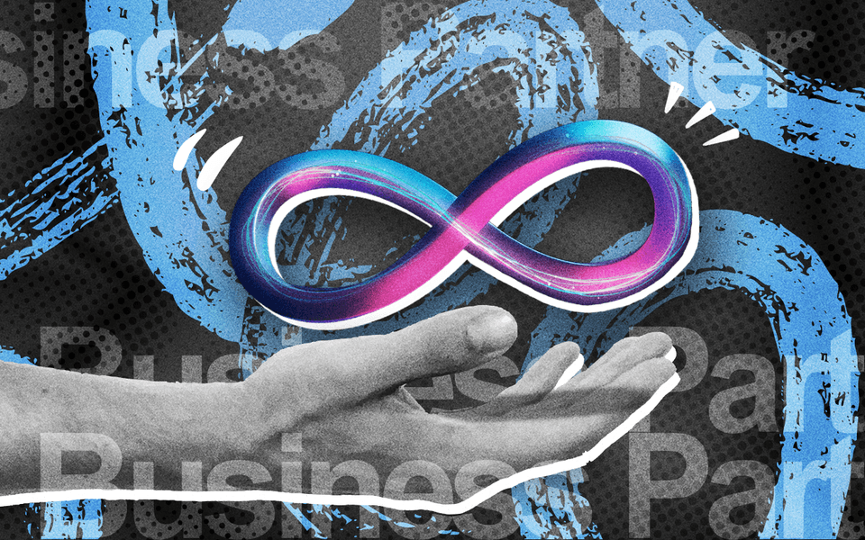 The Meta logo hovering above a hand. In the background, “Business Partner” is repeated.