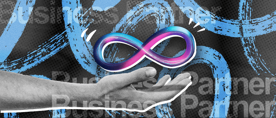 The Meta logo hovering above a hand. In the background, “Business Partner” is repeated.