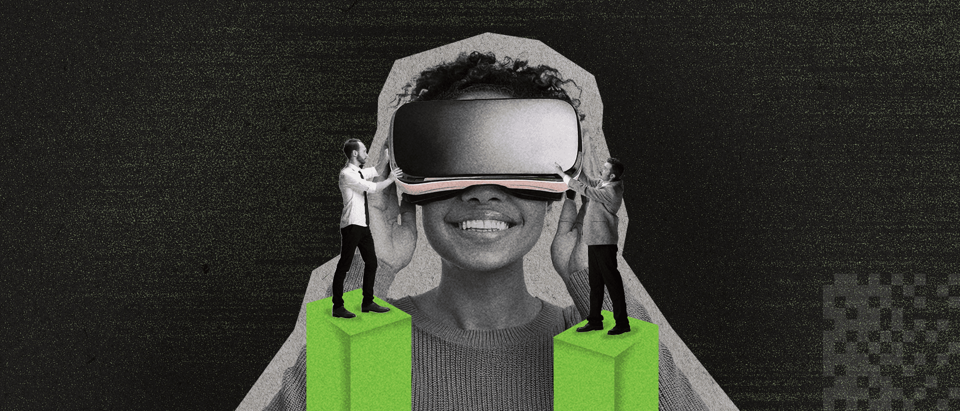 Two men standing on green columns, holding a VR headset over the eyes of a smiling woman. 