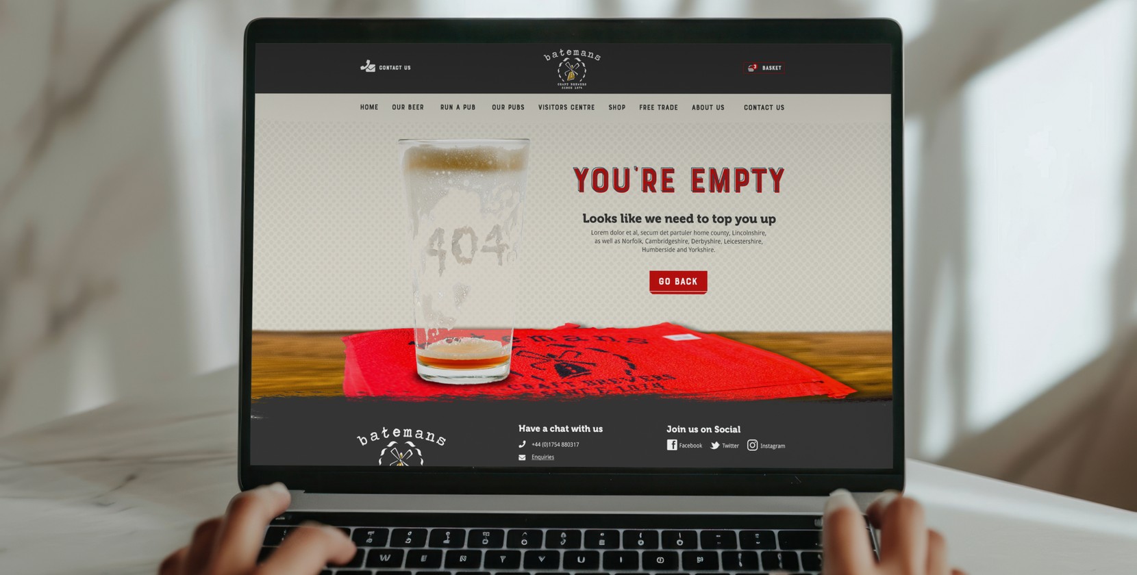 The eye-catching 404 error page of the Batemans Brewery website, with “404” written in beer foam. 
