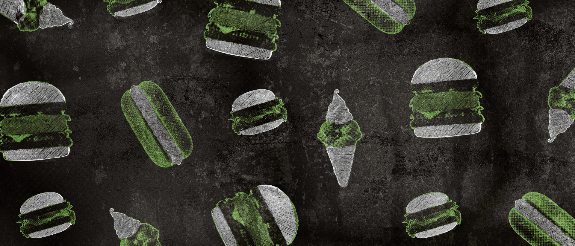 Sketched burgers and ice cream on a chalk board, using green and white chalk.
