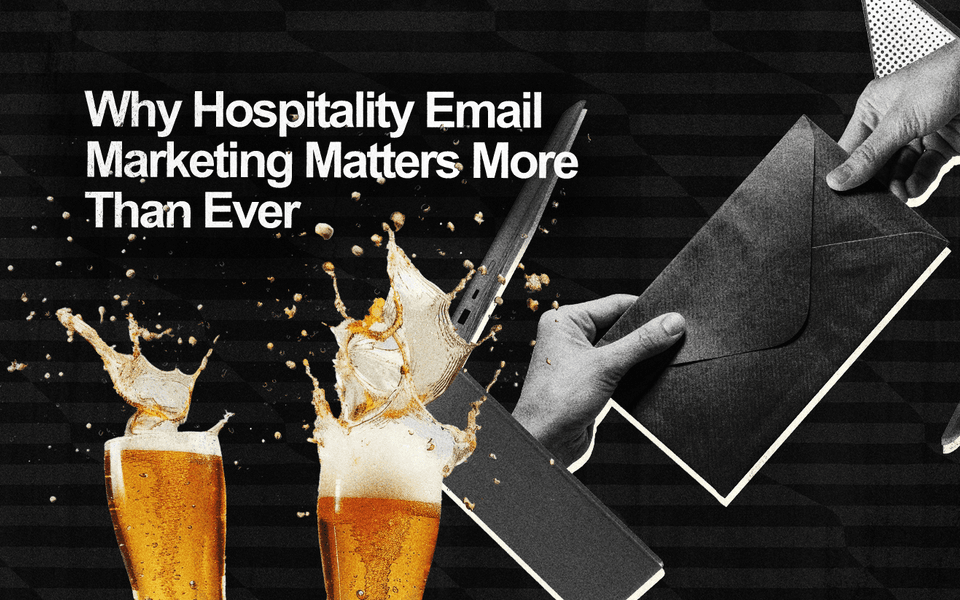 Two pints splashing as two disembodied hands pass an envelope between two laptop screens. Next to them: "Why hospitality email marketing matters more than ever."