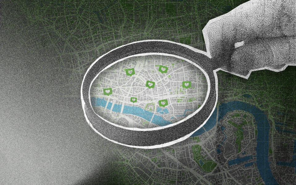 A grainy magnifying glass hovering over heart icons on a map, signifying local social engagement.